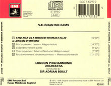 Load image into Gallery viewer, Vaughn Williams* - London Philharmonic Orchestra, Sir Adrian Boult : A London Symphony / Fantasia On A Theme By Thomas Tallis (CD, Comp)