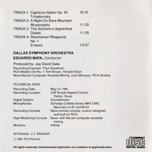 Laden Sie das Bild in den Galerie-Viewer, Dallas Symphony Orchestra, Eduardo Mata : Capriccio Italien / A Night On Bare Mountain / The Sorcerer's Apprentice / Roumanian Rhapsody No.1 (CD, Album)
