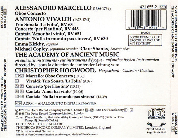 Vivaldi* Marcello* Kirkby* Shanks* Copley* The Academy Of Ancient Music,  Christopher Hogwood - Concerto 'Per Flautino' / 2 Cantatas / Trio Sonata  'La ...