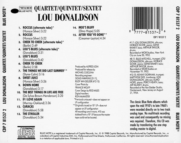 Lou Donaldson - Quartet &frasl; Quintet &frasl; Sextet - CD