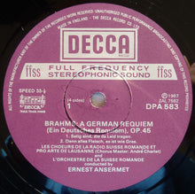 Laden Sie das Bild in den Galerie-Viewer, Johannes Brahms, Agnes Giebel, Helen Watts, Hermann Prey, Ernest Ansermet : Ein Deutsches Requiem, Op. 45 / Nänie, Op. 82 / Rhapsodie Für Alt, Männerchor Und Orchester, Op. 53 (2xLP)
