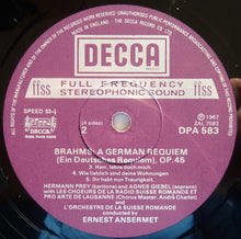 Laden Sie das Bild in den Galerie-Viewer, Johannes Brahms, Agnes Giebel, Helen Watts, Hermann Prey, Ernest Ansermet : Ein Deutsches Requiem, Op. 45 / Nänie, Op. 82 / Rhapsodie Für Alt, Männerchor Und Orchester, Op. 53 (2xLP)