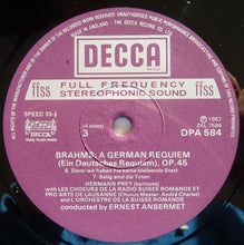 Laden Sie das Bild in den Galerie-Viewer, Johannes Brahms, Agnes Giebel, Helen Watts, Hermann Prey, Ernest Ansermet : Ein Deutsches Requiem, Op. 45 / Nänie, Op. 82 / Rhapsodie Für Alt, Männerchor Und Orchester, Op. 53 (2xLP)