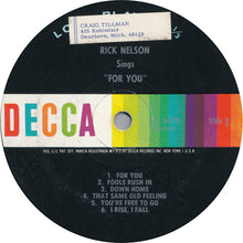 Load image into Gallery viewer, Rick Nelson* : Rick Nelson Sings "For You" (LP, Album, Mono, Pin)