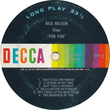 Load image into Gallery viewer, Rick Nelson* : Rick Nelson Sings "For You" (LP, Album, Mono, Pin)