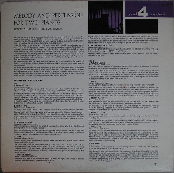 Ronnie Aldrich And His Two Pianos - Melody And Percussion For Two Pianos -  LP