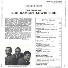 Load image into Gallery viewer, The Ramsey Lewis Trio : Choice!: The Best Of The Ramsey Lewis Trio (LP, Comp, Mono, Promo)