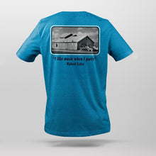 Load image into Gallery viewer, Back view of bright blue t-shirt with Bluebird Nightclub photograph graphic and the quote "I like music when I party!" from house band leader Robert Ealey.