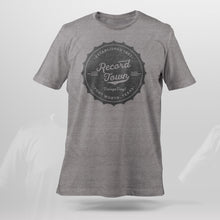 Load image into Gallery viewer, Record Town Black Bottlecap Logo T-Shirt Front View. Large bottlecap logo on a heather gray t-shirt.