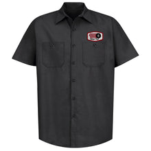 Load image into Gallery viewer, Short Sleeved Black Record Town Work Shirt Front View with Patch
