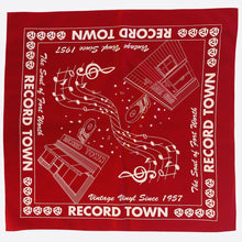 Load image into Gallery viewer, Red cotton bandana with with design featuring the original Record Town Store front located on University Drive from 1957 to 2018 and the current Record Town store front located on St. Louis Avenue.