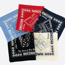 Load image into Gallery viewer, All five colors of Record Town bandanas shown - red with with white design, navy with white design, cream with navy design, black with white design, and light blue with white design.