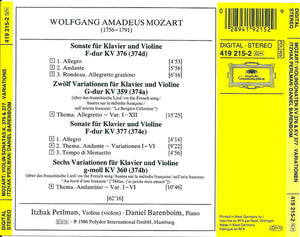 Mozart*, Itzhak Perlman, Daniel Barenboim : Sonaten Für Klavier Und Violine = Sonatas For Piano And Violin KV 376 & KV 377 • 12 Variationen KV 359 • 6 Variationen KV 360 (CD)