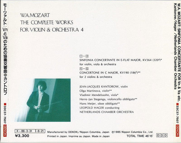 Charger l'image dans la galerie, W. A. Mozart* : Kantorow* / Hager* / Netherlands Chamber Orchestra : Sinfonia Concertante For Violin & Viola, Concertone For 2 Violins (CD, Album, Emp)