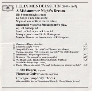 Mendelssohn* / Schubert* - Judith Blegen • Florence Quivar • Chicago Symphony Chorus • Chicago Symphony Orchestra • James Levine (2) : A Midsummer Night's Dream = Ein Sommernachtstraum = Songe D'Une Nuit D'Ete / Rosamunde (CD, Album)