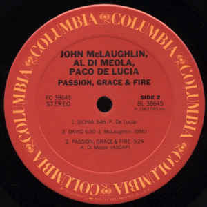 John McLaughlin, Al Di Meola, Paco De Lucía : Passion, Grace & Fire (LP, Album)