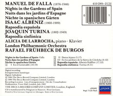 Charger l&#39;image dans la galerie, Falla*, Albéniz*, Turina*, Alicia De Larrocha, London Philharmonic Orchestra, Rafael Frühbeck De Burgos : Nights In The Gardens Of Spain (CD, Album, RE)
