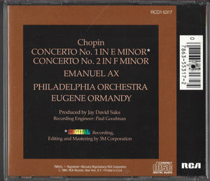 Emanuel Ax, Chopin*, Eugene Ormandy, The Philadelphia Orchestra : Concerto No. 1 In E Minor / Concerto No. 2 In F Minor (CD, Album, RP)