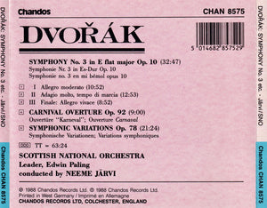 Dvořák*, Scottish National Orchestra* Conducted By Neeme Järvi : Symphony No.3 In E Flat Major, Op. 10 • Carnival Overture Op. 92 • Symphonic Variations Op. 78 (CD)