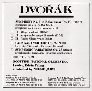 Dvořák*, Scottish National Orchestra* Conducted By Neeme Järvi : Symphony No.3 In E Flat Major, Op. 10 • Carnival Overture Op. 92 • Symphonic Variations Op. 78 (CD)