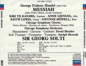 Handel* – Kiri Te Kanawa • Anne Gjevang • Keith Lewis (4) • Gwynne Howell, Chicago Symphony Orchestra And Chorus*, Sir Georg Solti* : Messiah (2xCD, Album, Sli)