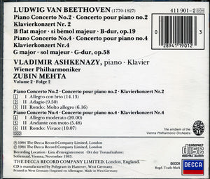 Beethoven* / Vladimir Ashkenazy, Wiener Philharmoniker, Zubin Mehta : Piano Concertos Nos. 2 & 4 (CD, Album)