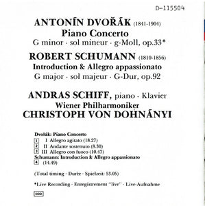 Dvořák*, Schumann*, Andras Schiff*, Wiener Philharmoniker, Christoph von Dohnányi : Piano Concerto; Introduction & Allegro Appassionato (CD, Album, Club)