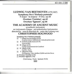 Beethoven* — The Academy Of Ancient Music, Christopher Hogwood : Symphony No. 6 • Coriolan • Egmont (CD, Album)