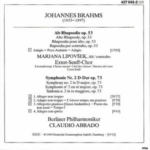 Brahms*, Marjana Lipovšek • Ernst-Senff-Chor*, Berliner Philharmoniker • Claudio Abbado : Symphonie No. 2 • Alto Rhapsody (CD, Album)