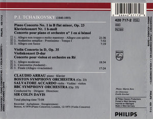 Tchaikovsky* - Claudio Arrau, Salvatore Accardo, Boston Symphony Orchestra • BBC Symphony Orchestra, Sir Colin Davis : Piano Concerto No.1 / Violin Concerto (CD, Comp, RM)