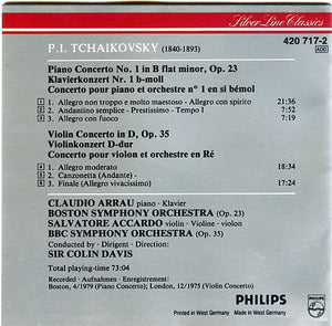 Tchaikovsky* - Claudio Arrau, Salvatore Accardo, Boston Symphony Orchestra • BBC Symphony Orchestra, Sir Colin Davis : Piano Concerto No.1 / Violin Concerto (CD, Comp, RM)