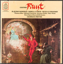 Charger l&#39;image dans la galerie, Gounod*, Placido Domingo, Mirella Freni, Nicolai Ghiaurov, Georges Prêtre, Thomas Allen, Michèle Command, Jocelyne Taillon, Marc Vento, Paris Opera Chorus* &amp; Orchestra* : Faust (4xLP + Box, Album)
