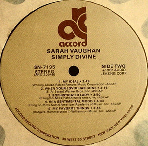 Sarah Vaughan : Simply Divine (LP, Album, Comp)