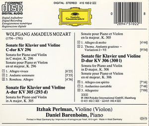 Wolfgang Amadeus Mozart : Itzhak Perlman, Daniel Barenboim : Sonaten Für Klavier Und Violine K.296 • 305 • 306 = Sonatas For Piano And Violin = Sonates Pour Piano Et Violon (CD, Album, RE, PDO)