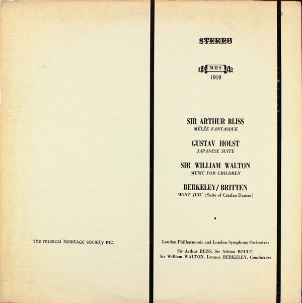 London Philharmonic Orchestra And London Symphony Orchestra : Sir Arthur Bliss, Mêlée Fantasque; Gustav Holst, Japanese Suite; Sir William Walton, Music For Children; Berkeley/Britten, Mont Juic (Suite Of Catalan Dances) (LP, RE)