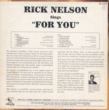Load image into Gallery viewer, Rick Nelson* : Rick Nelson Sings &quot;For You&quot; (LP, Album, Mono, Pin)
