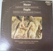 Load image into Gallery viewer, Mozart* / Haydn* - Vienna Philharmonic*, Herbert Von Karajan : Mozart Symphony In G Minor, K. 550 / Haydn Symphony In D Major, No. 104 (LP, Album, RE)
