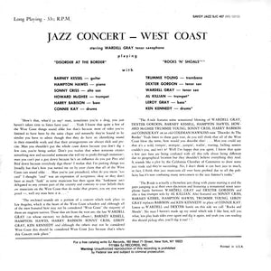 Dexter Gordon, Wardell Gray, Sonny Criss, Hampton Hawes, Barney Kessel, Howard McGhee, Al Killian : Jazz Concert - West Coast (LP, Album, Mono, RE)