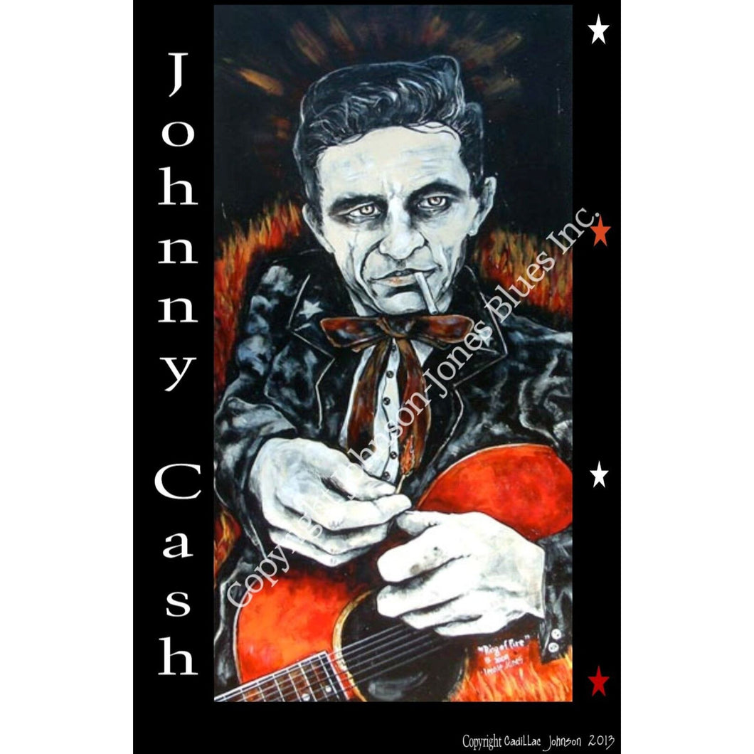A poster by Cadillac Johnson/Lennie Jones of Johnny Cash - Ring of Fire.