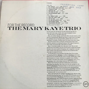 The Mary Kaye Trio : For The Record (LP, Album, Mono)