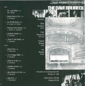 The Dave Brubeck Quartet : At Carnegie Hall (2xCD, Album, RE, RM)