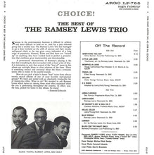 Laden Sie das Bild in den Galerie-Viewer, The Ramsey Lewis Trio : Choice!: The Best Of The Ramsey Lewis Trio (LP, Comp, Mono, Promo)

