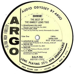 The Ramsey Lewis Trio : Choice!: The Best Of The Ramsey Lewis Trio (LP, Comp, Mono, Promo)