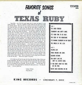 Texas Ruby : Favorite Songs Of Texas Ruby (LP, Album)