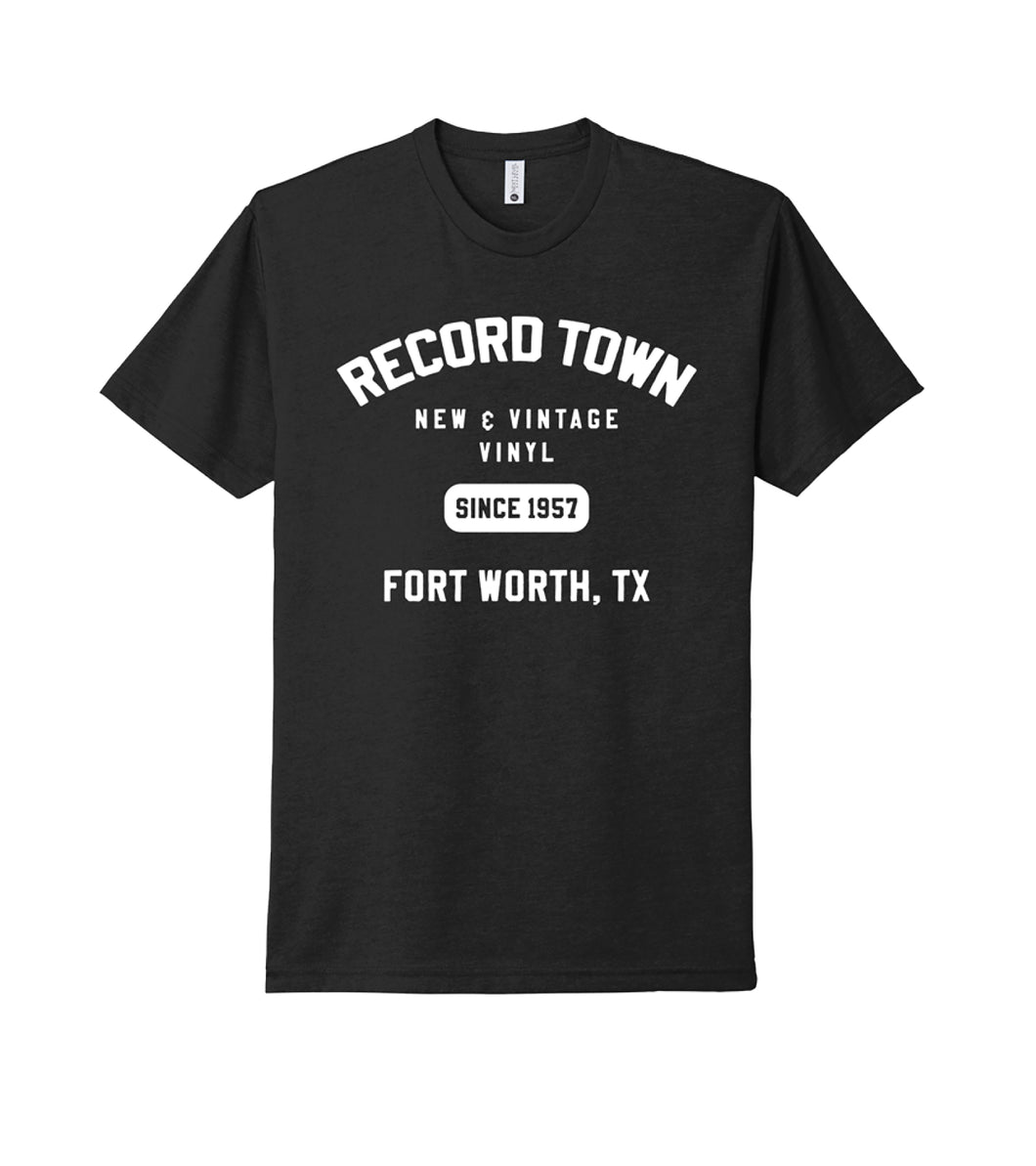 Record Town athletic style or throwback PE Style T-Shirt in Black with White Lettering