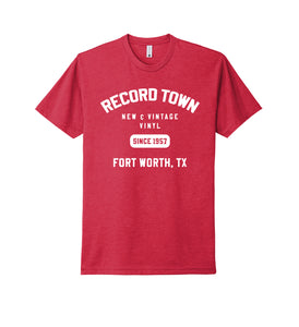 Record Town athletic style or throwback PE Style T-Shirt in Red with White Lettering