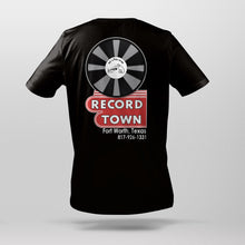 Laden Sie das Bild in den Galerie-Viewer, Back view of Record Town black t-shirt featuring a large graphic of the iconic Record Town sign.
