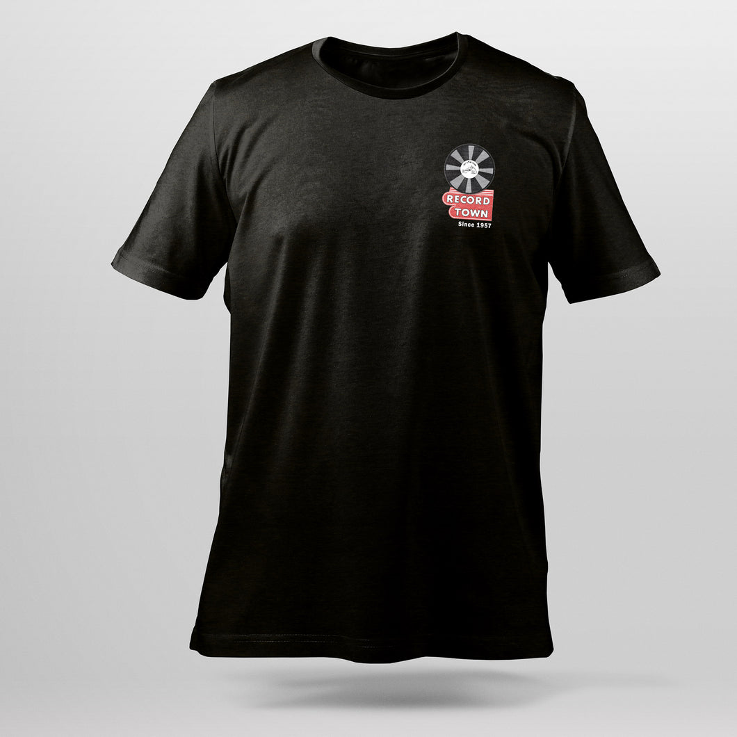 Front view of Record Town black t-shirt featuring the iconic sign as a chest logo.