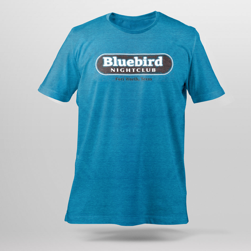 Front view of bright blue t-shirt with Bluebird Night Club Fort Worth, Texas graphic across the chest.