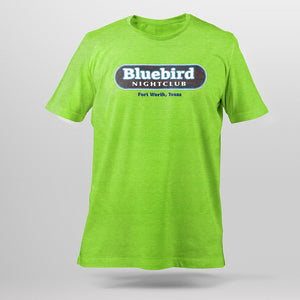 Front view of neon green t-shirt with Bluebird Night Club Fort Worth, Texas graphic across the chest.